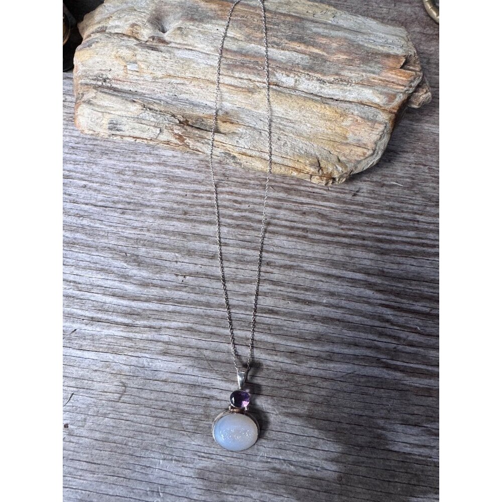 Sterling Silver Pendant Necklace With Amethyst & Druzy Quartz Stones 2.91g - Picture 2 of 11